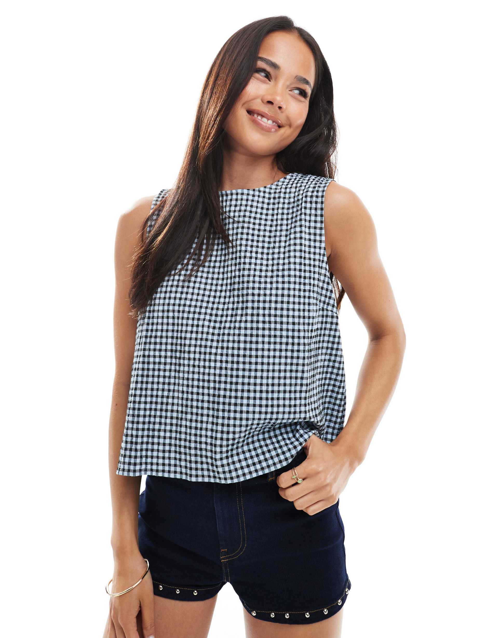 asos design button and tie back top in gingham - part of a set