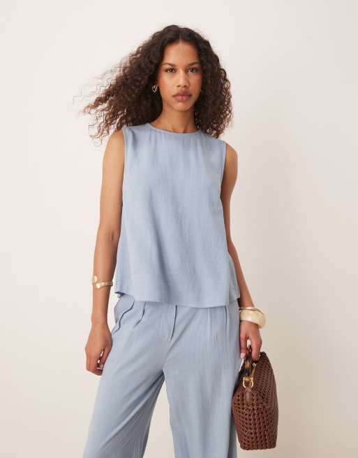 ASOS DESIGN button back linen blend shell top in blue - part of a set