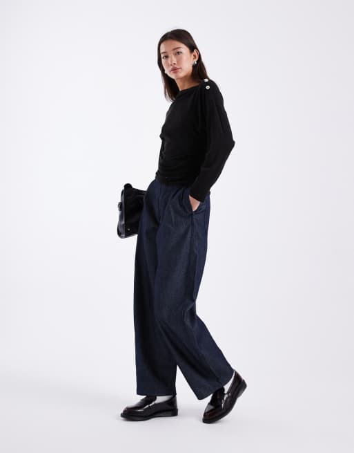 ASOS DESIGN button detail cinched long sleeve in black, 2 of 4