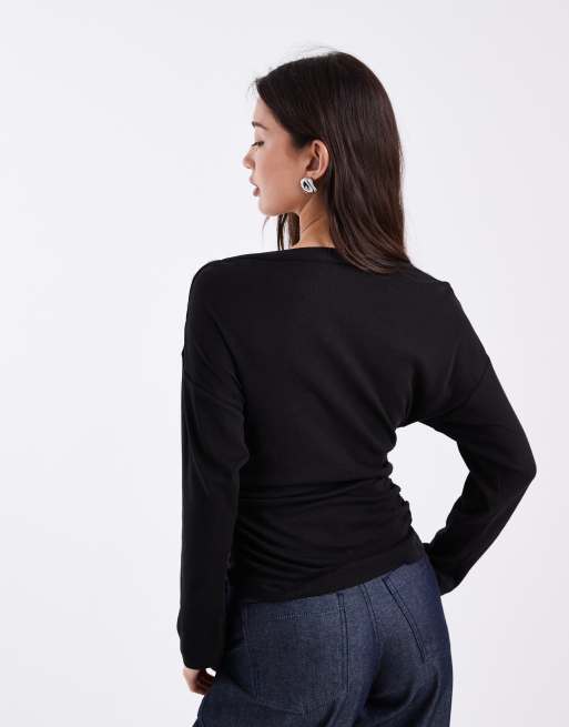 ASOS DESIGN button detail cinched long sleeve in black, 3 of 4