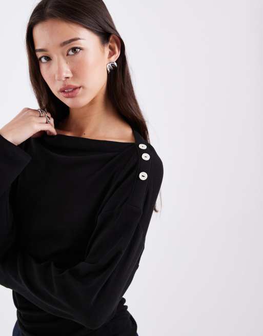 ASOS DESIGN button detail cinched long sleeve in black, 4 of 4