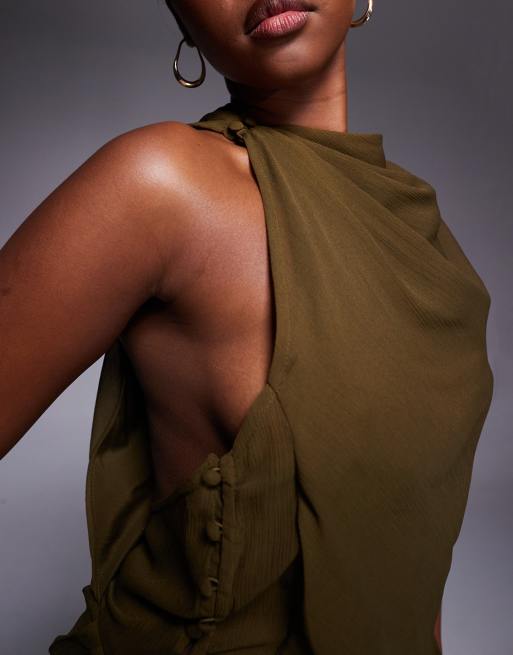 ASOS DESIGN button detail drape front maxi dress in khaki green, 3 of 4