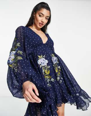 Asos floral cluster embellished balloon sleeve mini clearance dress