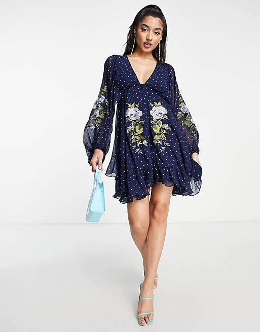 ASOS DESIGN button detail embroidery mini dress with blouson sleeve in spot print