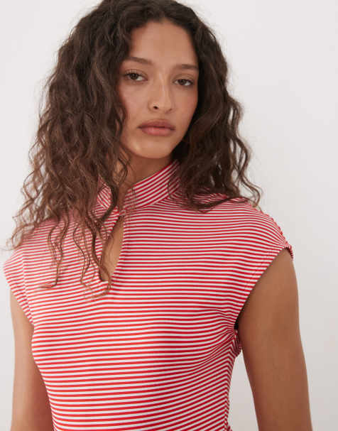 ASOS DESIGN button detail mandarine striped top in red - view 1