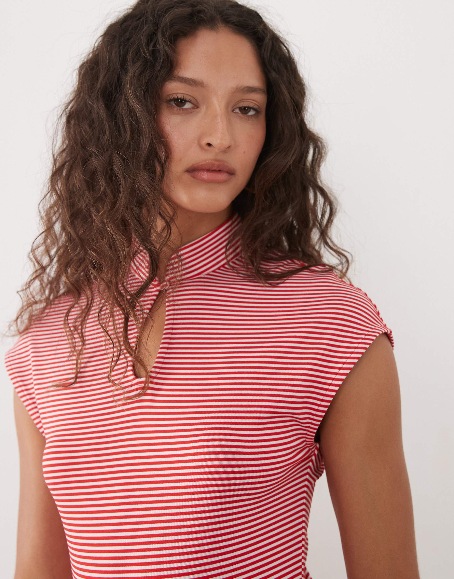 asos design button detail mandarine striped top in red
