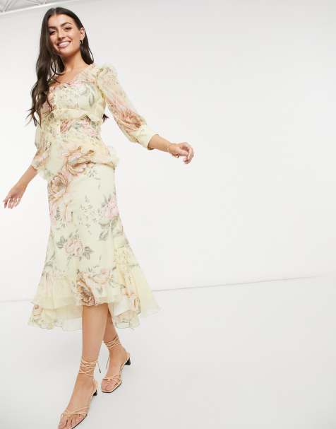 ASOS DESIGN button detail midi dress with raw edge detail in floral print - view 1