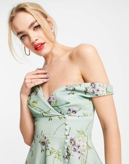 ASOS DESIGN button detail midi prom dress in sage floral