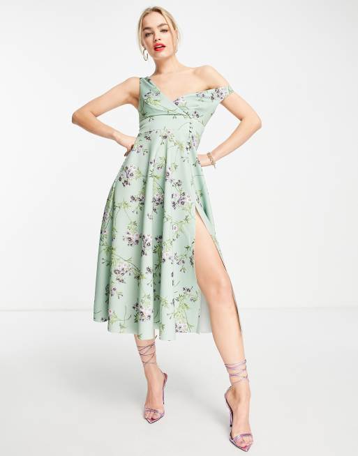 ASOS DESIGN button detail midi prom dress in sage floral