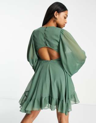 ASOS DESIGN button detail mini dress with blouson sleeve in forest green