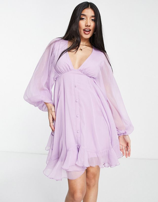 ASOS DESIGN button detail mini dress with blouson sleeve in lilac PB10128