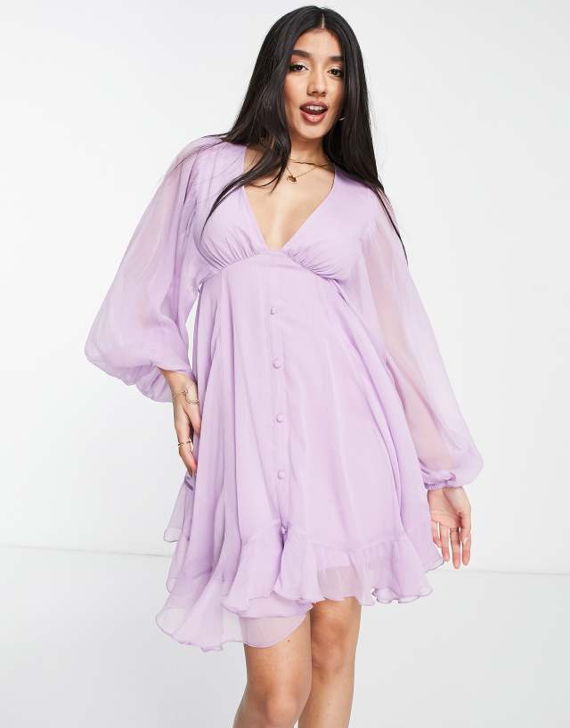 ASOS DESIGN button detail mini dress with blouson sleeve in lilac