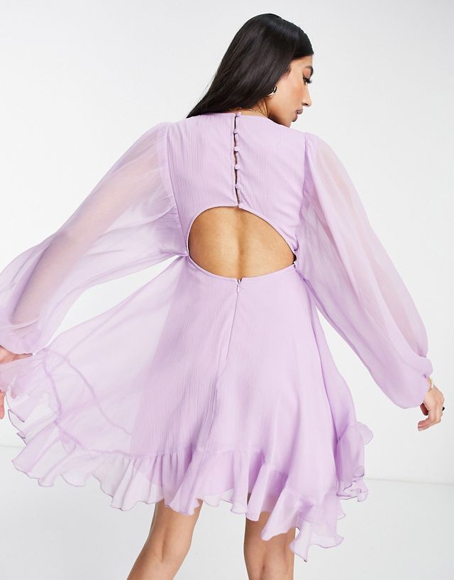 ASOS DESIGN button detail mini dress with blouson sleeve in lilac PB10128