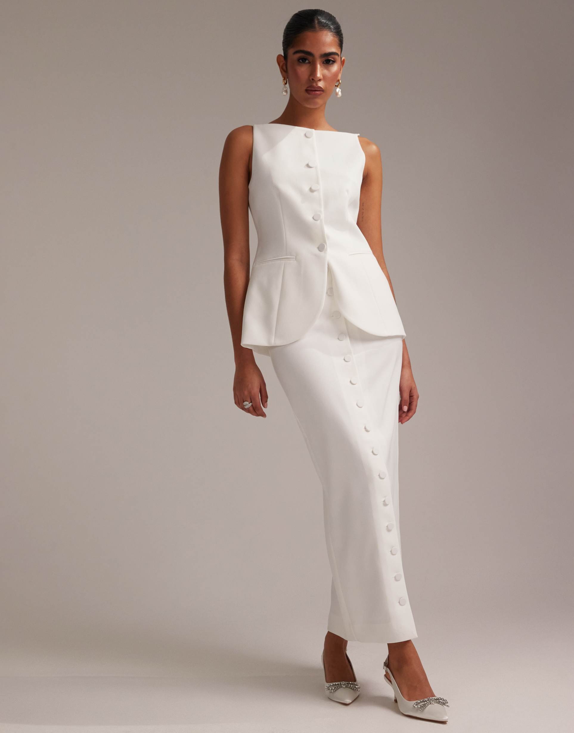 asos design button detail pencil midaxi skirt in white