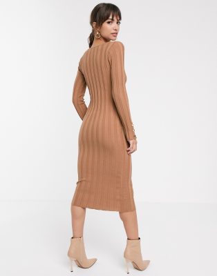 ribbed button detail midi dress