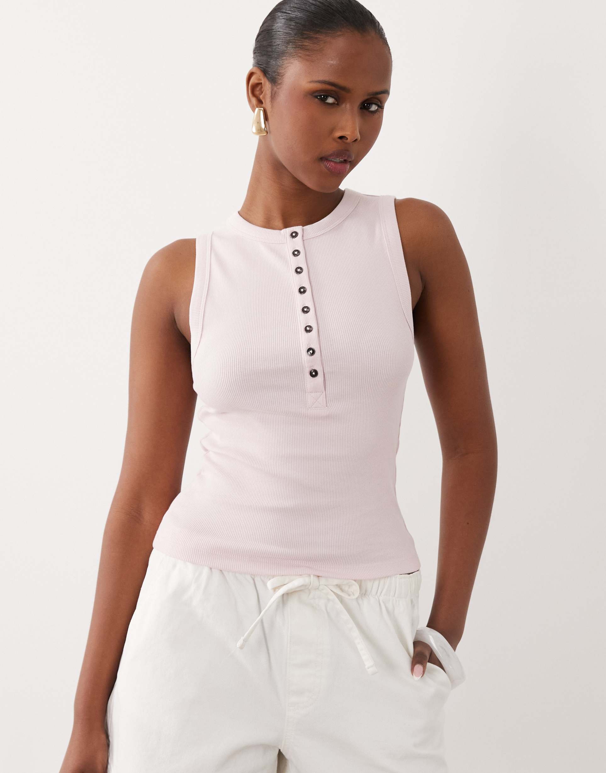 asos design button detail sleeveless tank top in light pink
