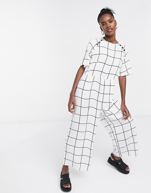 ASOS DESIGN button detail smock jumpsuit in white check print