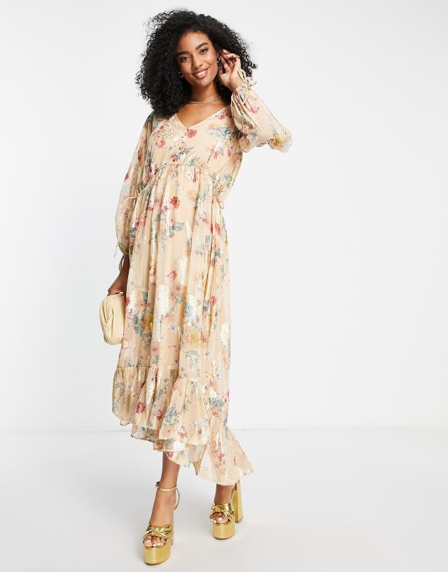 ASOS DESIGN button detail smock maxi dress in printed floral metallic jacquard