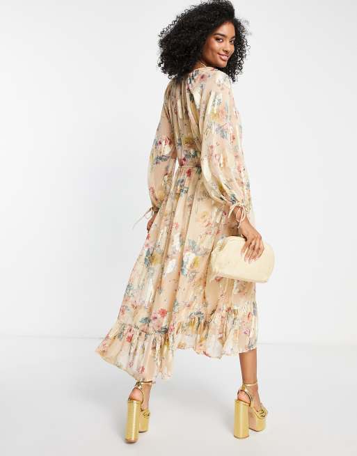 ASOS DESIGN button detail smock maxi dress in printed floral metallic jacquard, 2 of 4