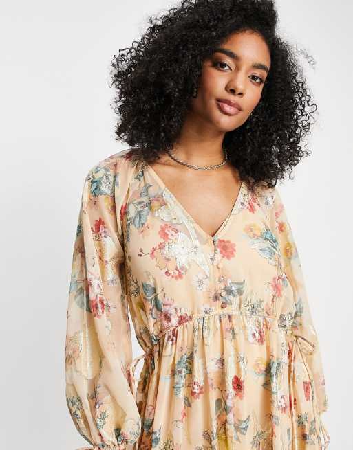 ASOS DESIGN button detail smock maxi dress in printed floral metallic jacquard, 3 of 4