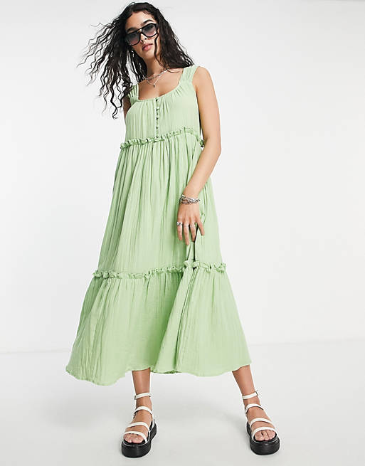 ASOS DESIGN button detail trapeze tiered double cloth maxi sundress in ...