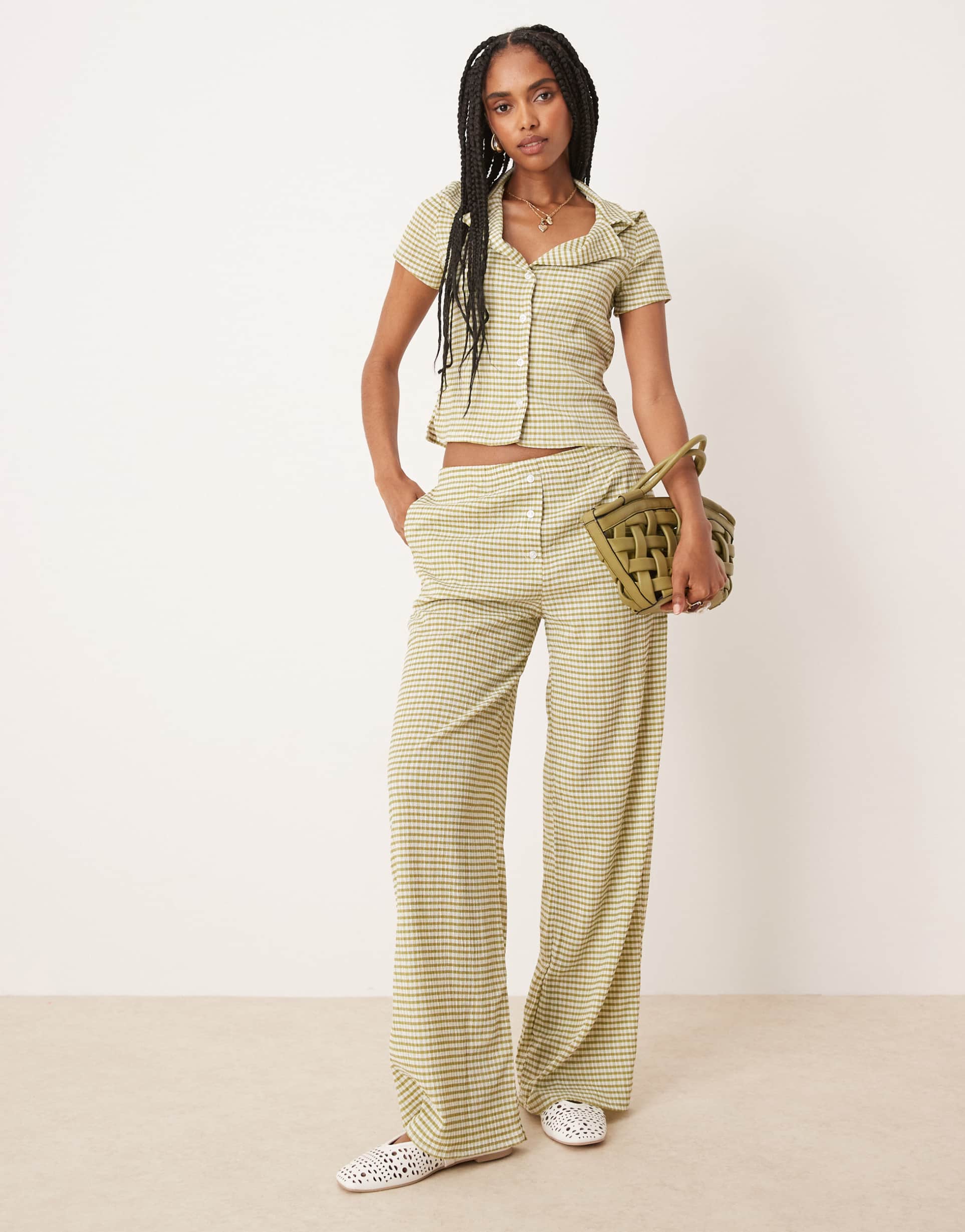 asos design button detail wide leg pants in green gingham - part of a set