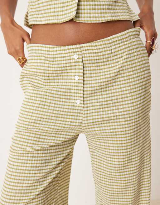 ASOS DESIGN button detail wide leg pants in green gingham - part of a set, 5 of 5