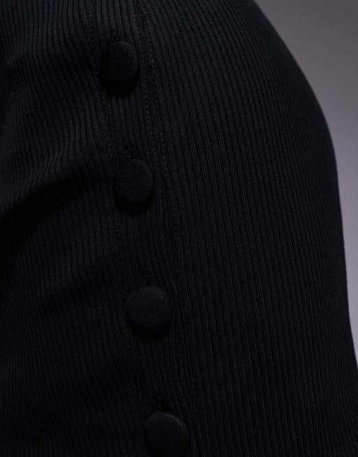 ASOS DESIGN button detail wide rib crew neck mini dress in black, 2 of 4