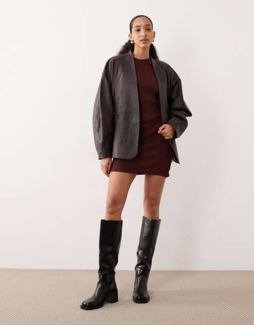 ASOS DESIGN button detail wide rib crew neck mini dress in chocolate, 2 of 4