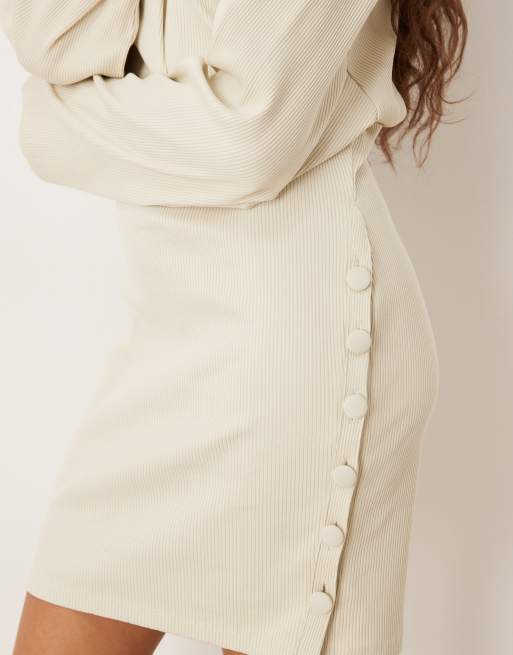ASOS DESIGN button detail wide rib crew neck mini dress in neutral, 3 of 4