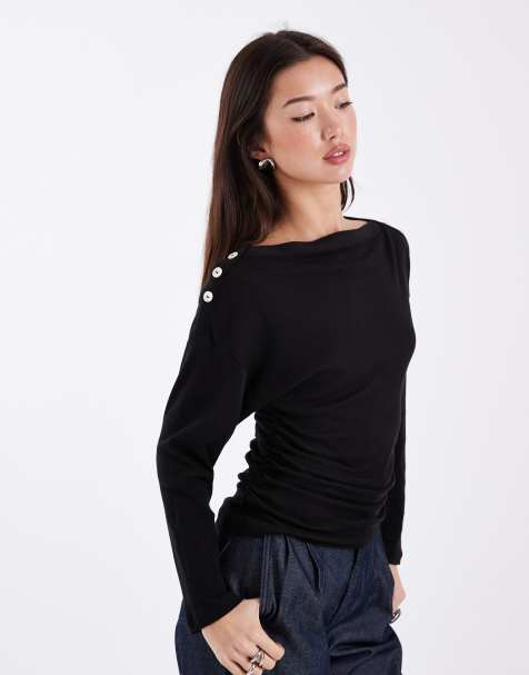 ASOS DESIGN button detailing cinched long sleeve top in black - view 1