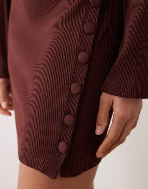 ASOS DESIGN button detailing wide rib knit crew neck mini dress in chocolate, 3 of 4