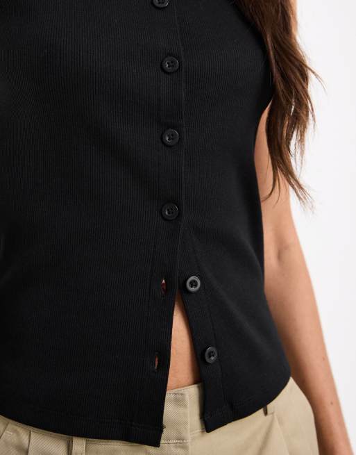 ASOS DESIGN button down boat neck top in black, 3 of 4