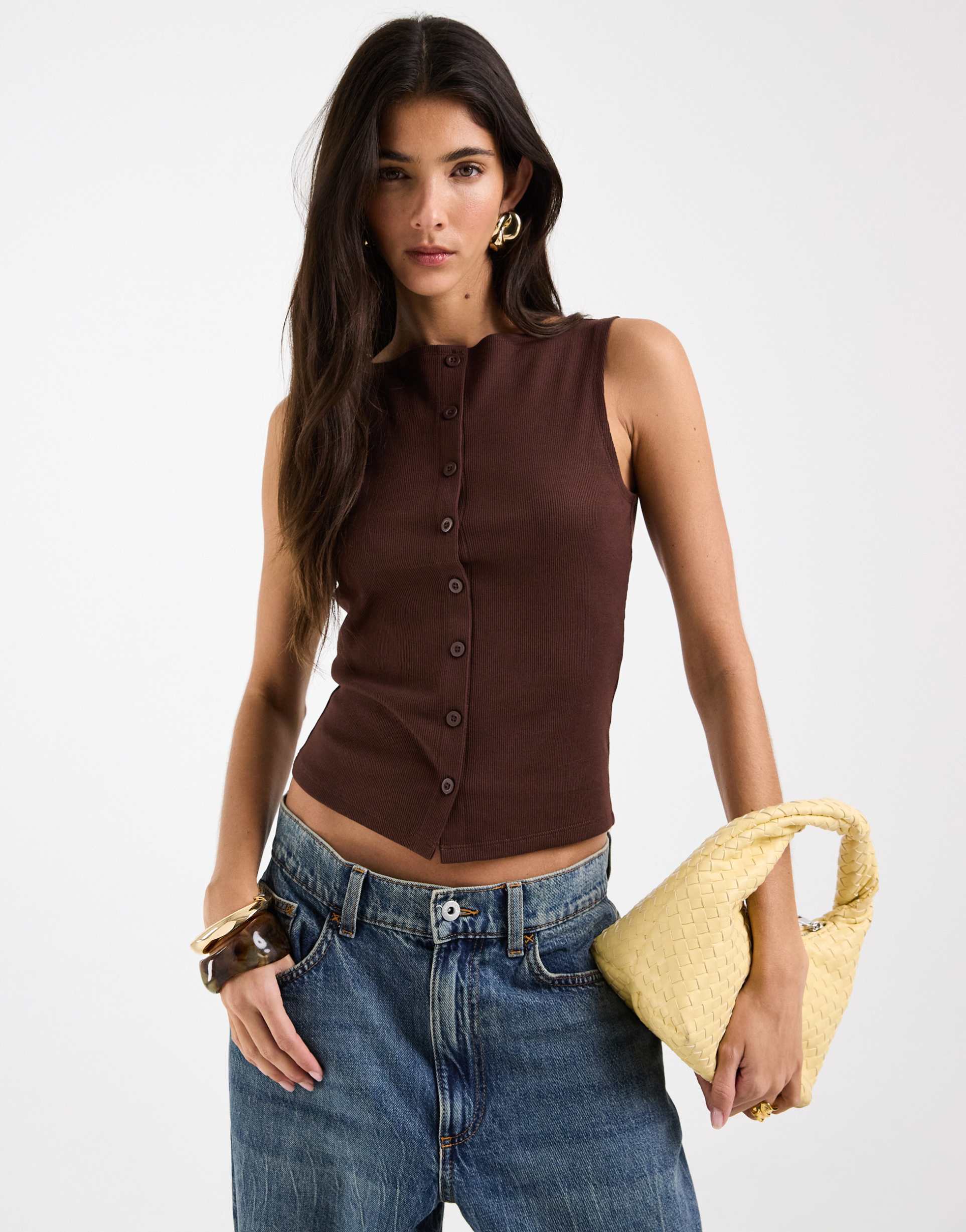 asos design button down boat neck top in brown