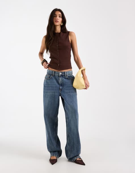 ASOS DESIGN button down boat neck top in brown - view 1
