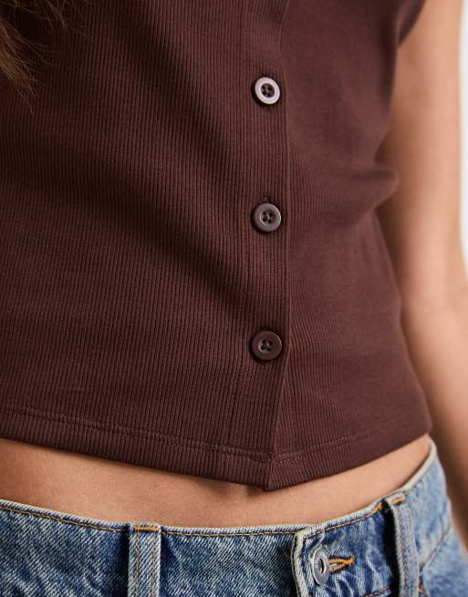 ASOS DESIGN button down boat neck top in brown, 3 of 4