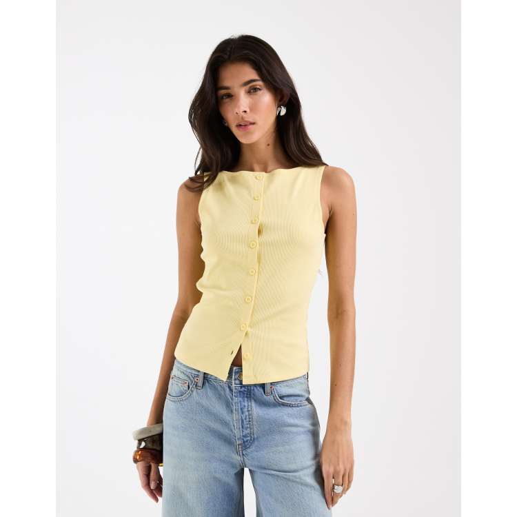 ASOS DESIGN button down boat neck top in yellow | ASOS