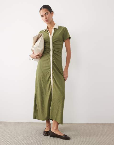 ASOS DESIGN button down cap sleeve midi dress in khaki - view 1
