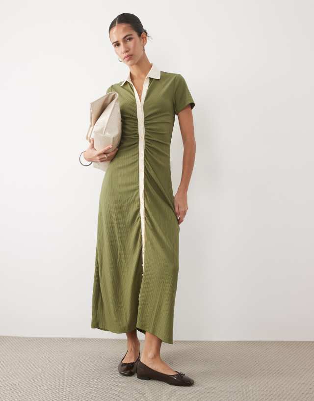 ASOS DESIGN button down cap sleeve midi dress in khaki