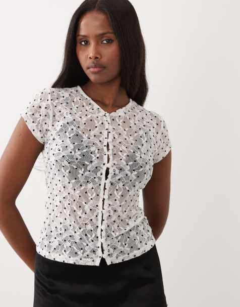 ASOS DESIGN button down cap sleeve top in lace flock - view 1