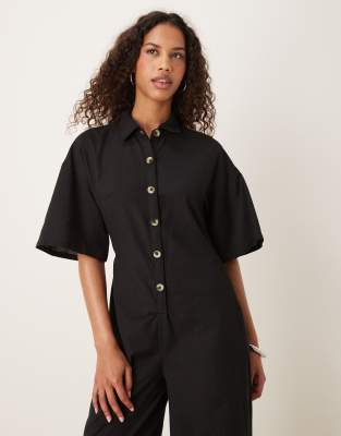 Asos Design Button Down Collared Wide Leg Jumpsuit In Black