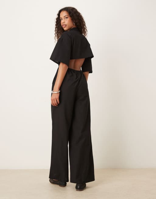 ASOS DESIGN button down collared wide leg jumpsuit in black