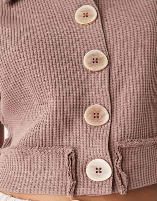 Asos Design Button Down Cropped Waffle Shirt In Brown