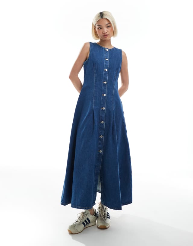 designer denim maxi dress ASOS DESIGN button down with waist darts in mid blue Select a Color or Fabric:Black Walnut Stain Barbie x Unique Vintage collection_pants_skinny Women's dresses Featuring bust cups and