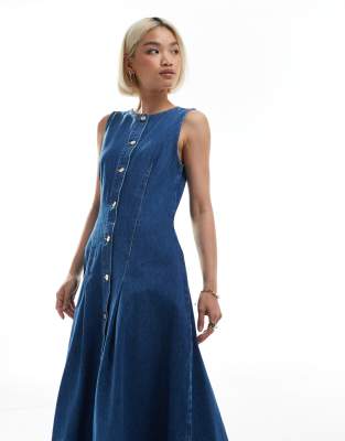Asos Design Button Down Denim Maxi Dress With Waist Darts