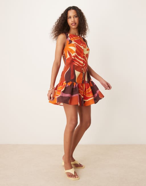 ASOS DESIGN button down dropped waist mini dress with straight neck in terracotta print