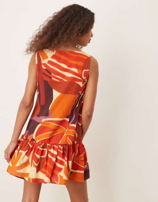ASOS DESIGN button down dropped waist mini dress with straight neck in terracotta print
