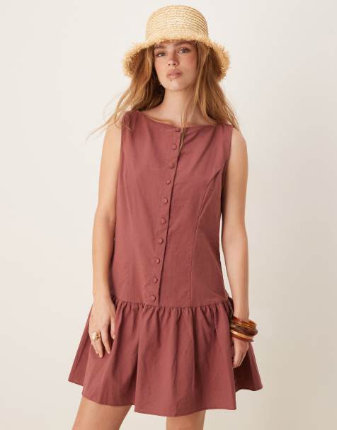 ASOS DESIGN button down dropped waist mini dress with straight neck in washed burgundy - view 1