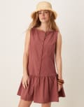 [ASOS DESIGN] ASOS DESIGN button-down dropped waist mini dress with straight neck in washed burgundy-Red 12 Washed Burgundy
