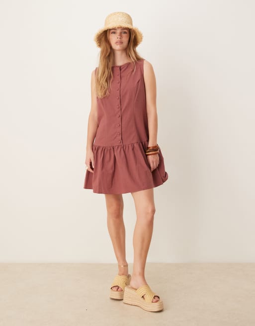 ASOS DESIGN button down dropped waist mini dress with straight neck in washed burgundy, 2 of 4